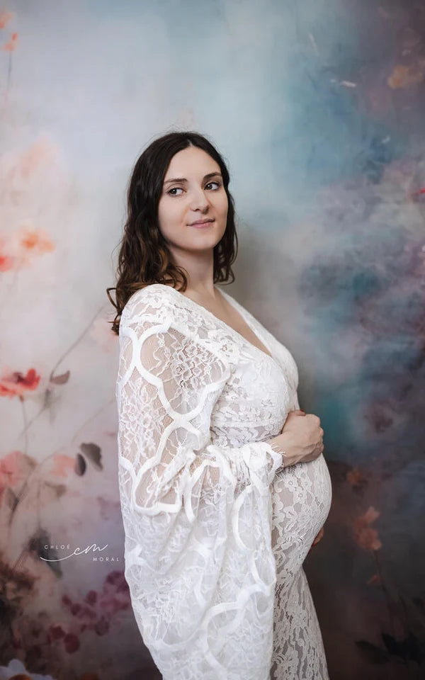 Kate Lace V-neck Trailing White Maternity Photoshoot Dress - Kate Backdrop AU