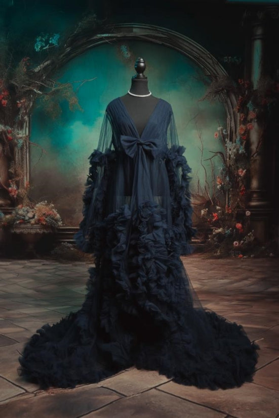 Kate Mesh V-neck Long Sleeve Pleated Maternity Photoshoot Dress - Kate Backdrop AU