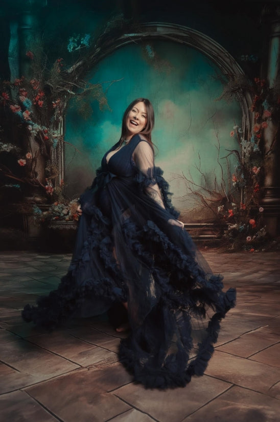 Kate Mesh V-neck Long Sleeve Pleated Maternity Photoshoot Dress - Kate Backdrop AU