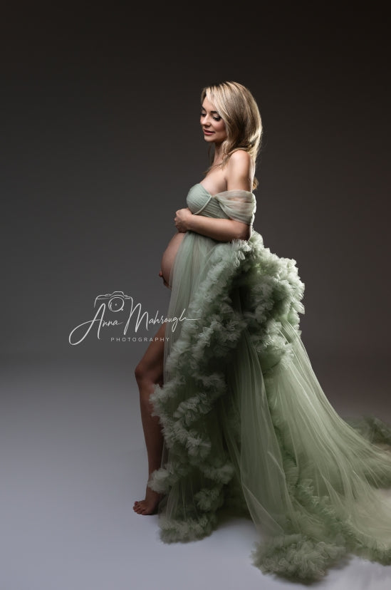 Kate Mint Green One Shoulder Mesh Maternity Photoshoot Dress - Kate Backdrop AU