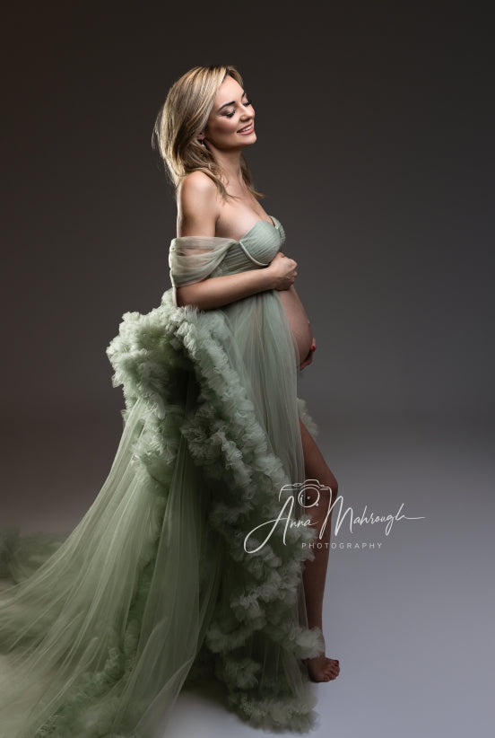 Kate Mint Green One Shoulder Mesh Maternity Photoshoot Dress - Kate Backdrop AU