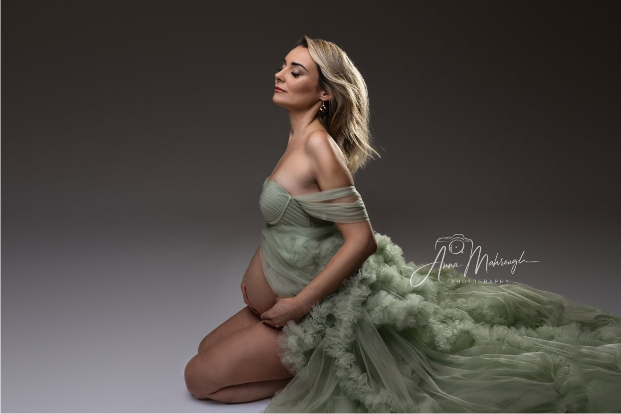 Kate Mint Green One Shoulder Mesh Maternity Photoshoot Dress - Kate Backdrop AU