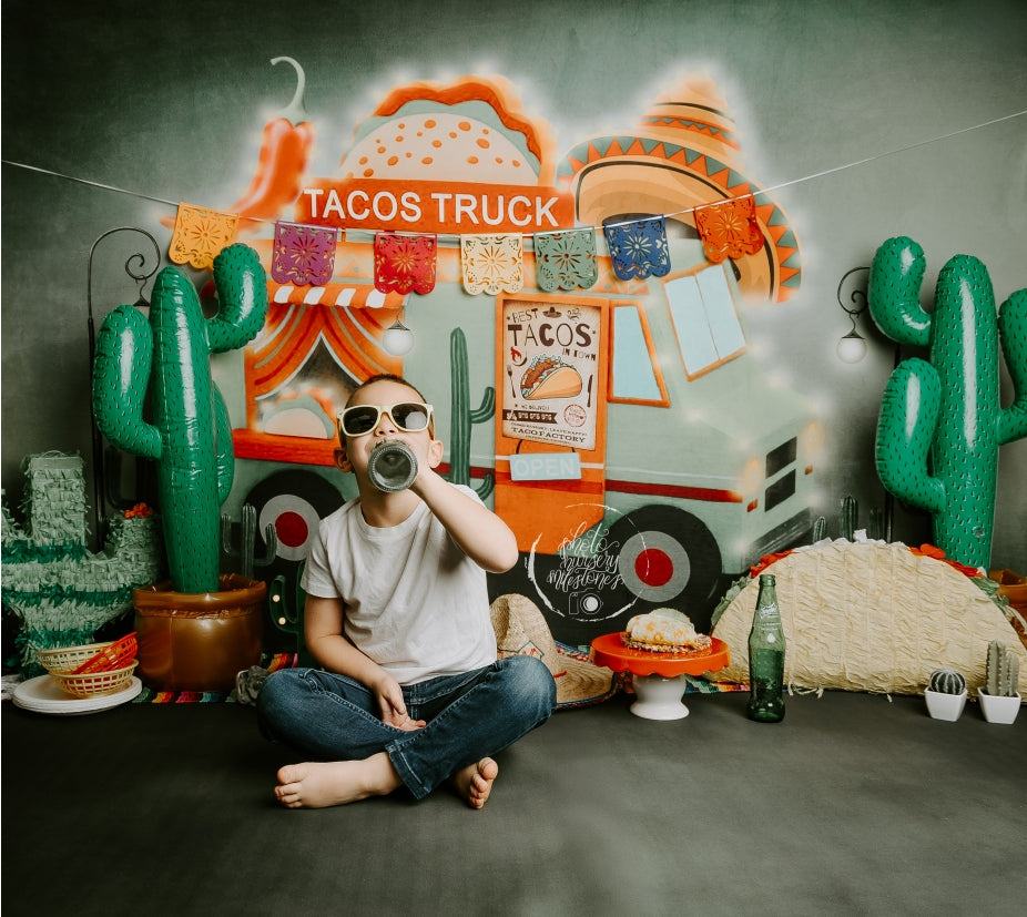Kate Tacos Truck Chef Backdrop+Green Blur Rubber Floor Mat - Kate Backdrop AU