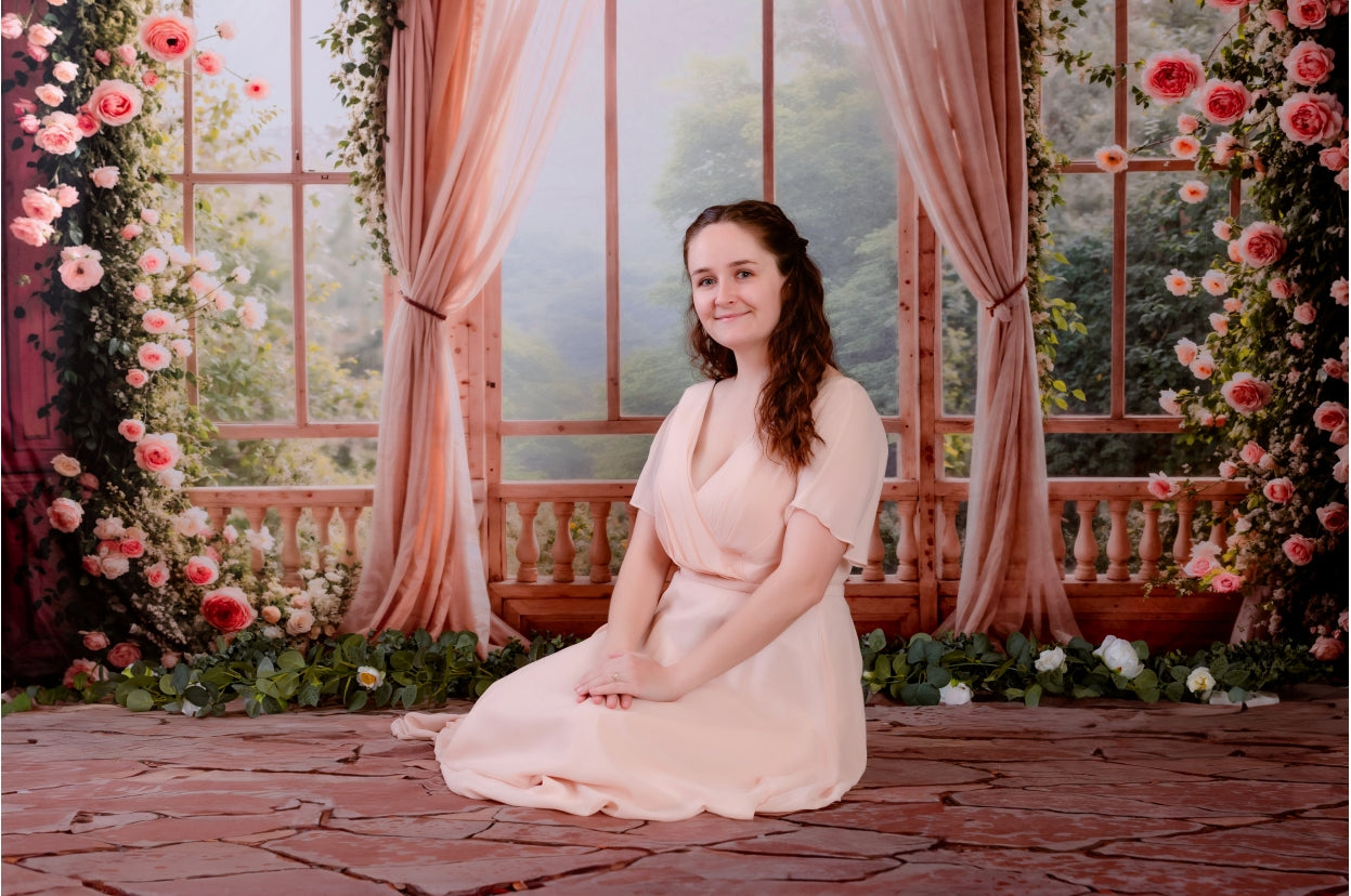 Kate Spring Pink Flowers Window Room Backdrop+Distressed Brick Floor Backdrop - Kate Backdrop AU