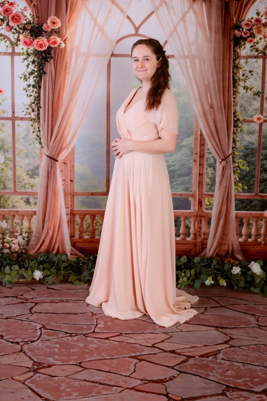 Kate Spring Pink Flowers Window Room Backdrop+Distressed Brick Floor Backdrop - Kate Backdrop AU