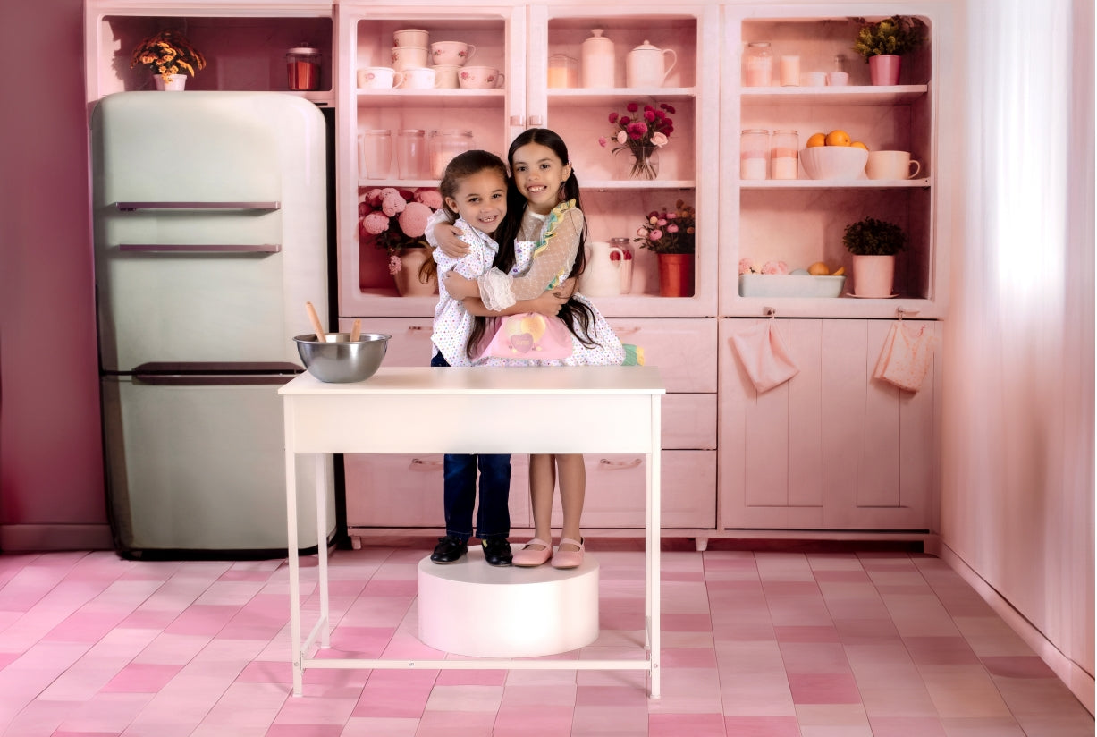 Kate Refrigerator Kitchen Cabinet Backdrop+Pink Square Floor Backdrop