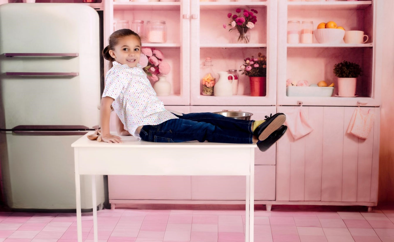 Kate Refrigerator Kitchen Cabinet Backdrop+Pink Square Floor Backdrop