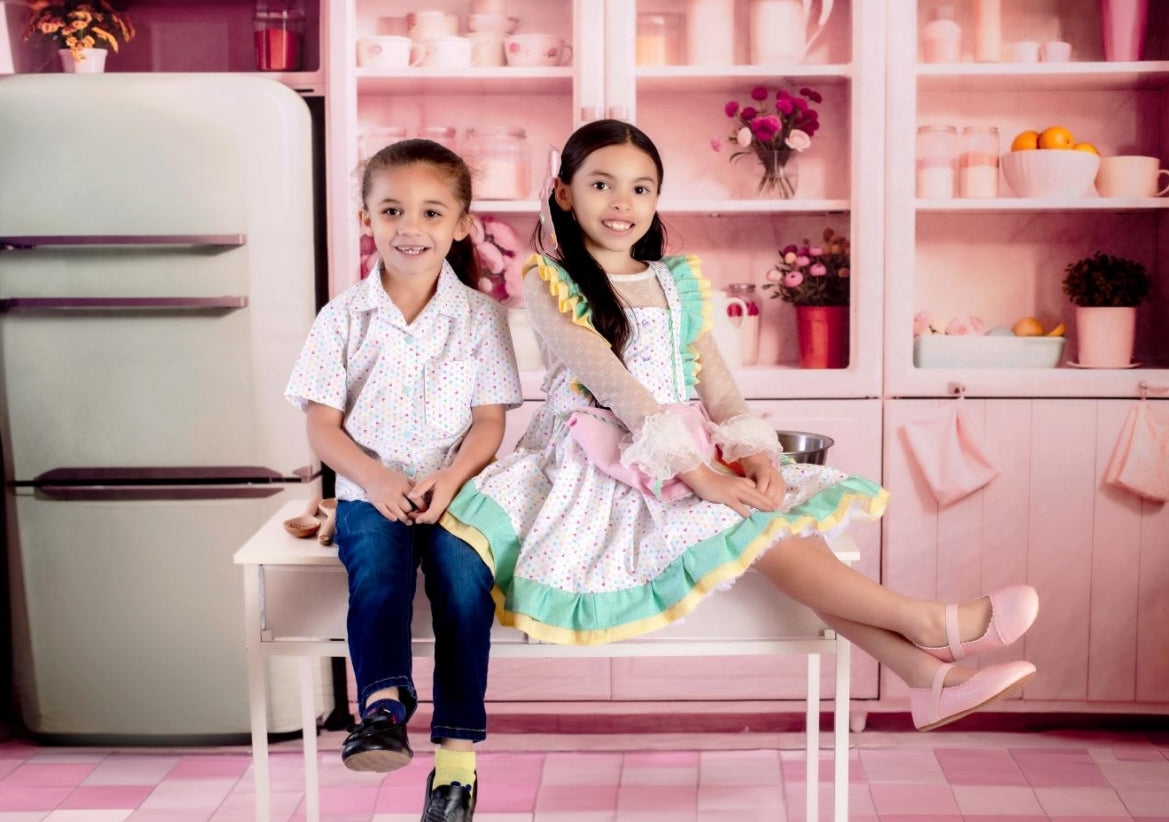 Kate Refrigerator Kitchen Cabinet Backdrop+Pink Square Floor Backdrop