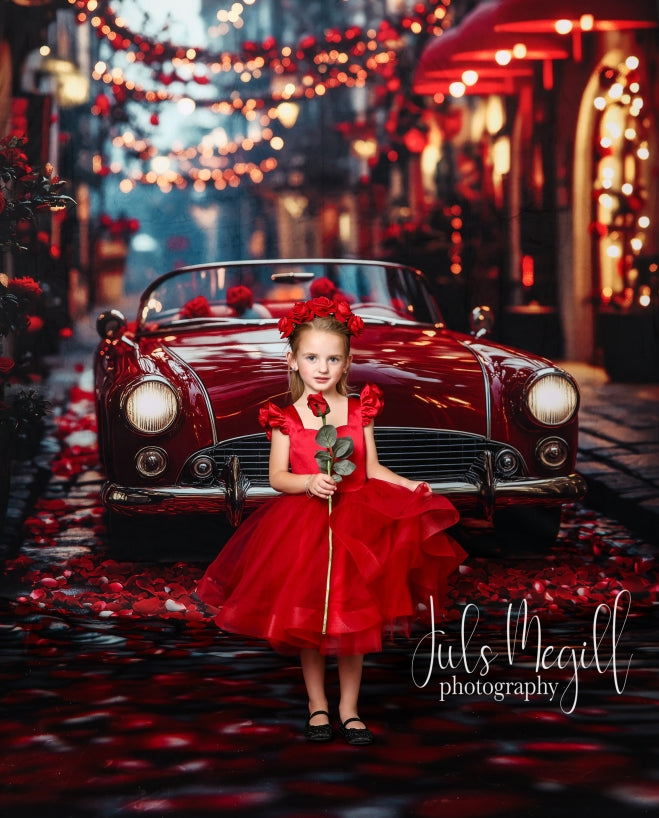 Kate Sweep Valentine Classic Red Car Street Backdrop Designed by Patty Robert - Kate Backdrop AU