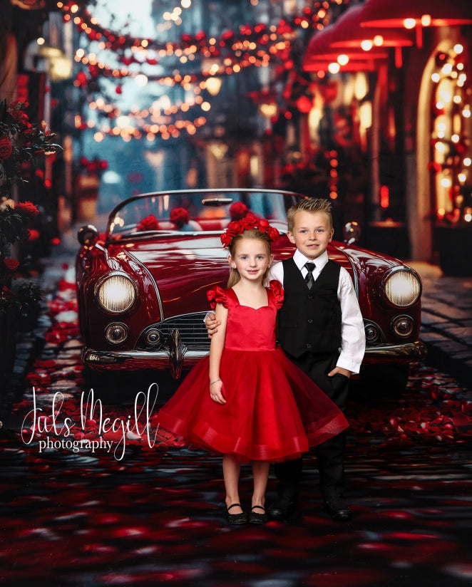 Kate Sweep Valentine Classic Red Car Street Backdrop Designed by Patty Robert - Kate Backdrop AU