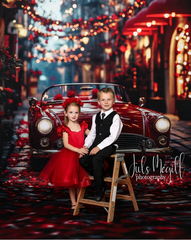 Kate Sweep Valentine Classic Red Car Street Backdrop Designed by Patty Robert - Kate Backdrop AU
