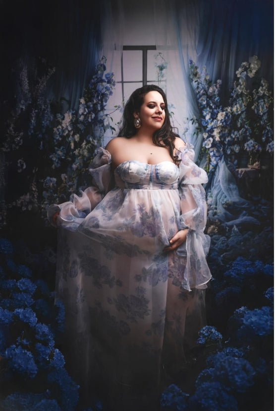 Kate Blue Flower Window Spring Fleece Backdrop Designed by Emetselch - Kate Backdrop AU