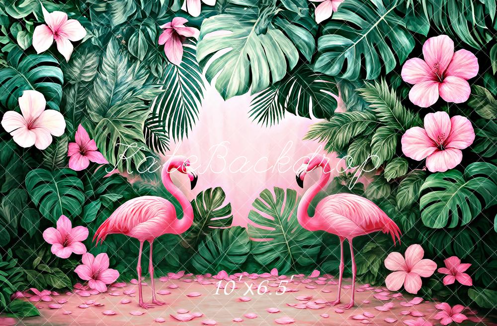 Kate Flamingo Jungle Pink Flowers Green Leaves Backdrop Designed by Ashley Paul - Kate Backdrop AU