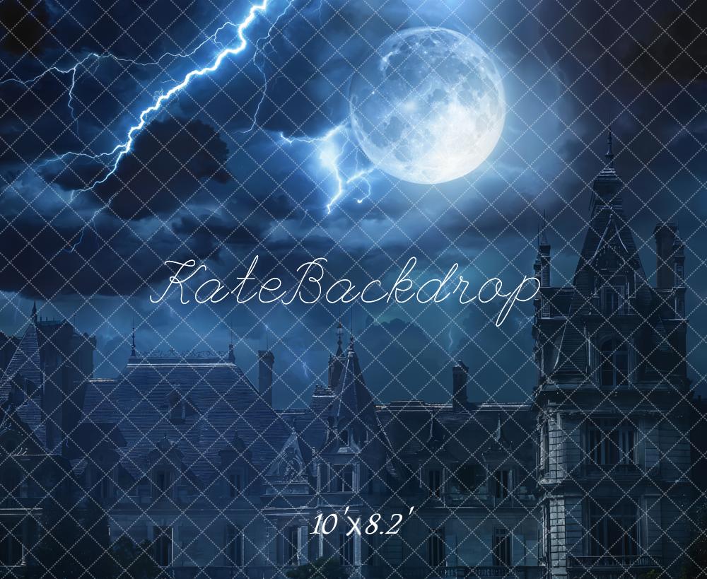 Kate Haunted Castle Full Moon Lightning Night Backdrop Designed by Chain - Kate Backdrop AU