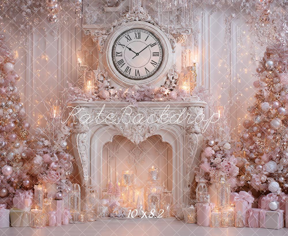 Kate Christmas Pink Trees Fireplace Clock Backdrop Designed by Ashley Paul