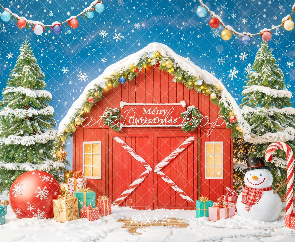 Kate Christmas Red Barn Snowman Presents Trees Backdrop Designed by Chain