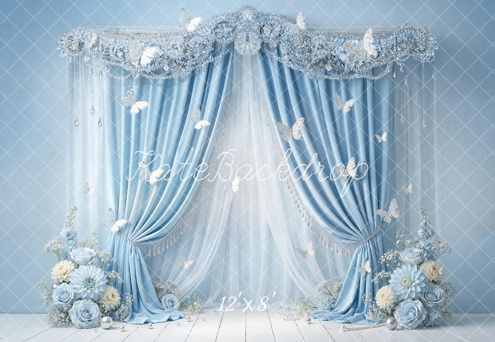 Kate Blue Curtain Floral Butterfly Elegant Backdrop Designed by Emetselch