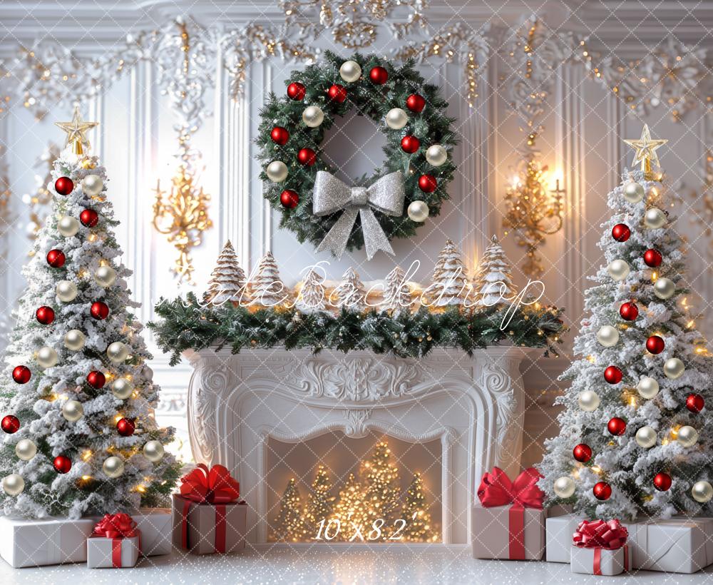 Kate Christmas Trees Fireplace Wreath Gifts Backdrop Designed by Mini MakeBelieve - Kate Backdrop AU