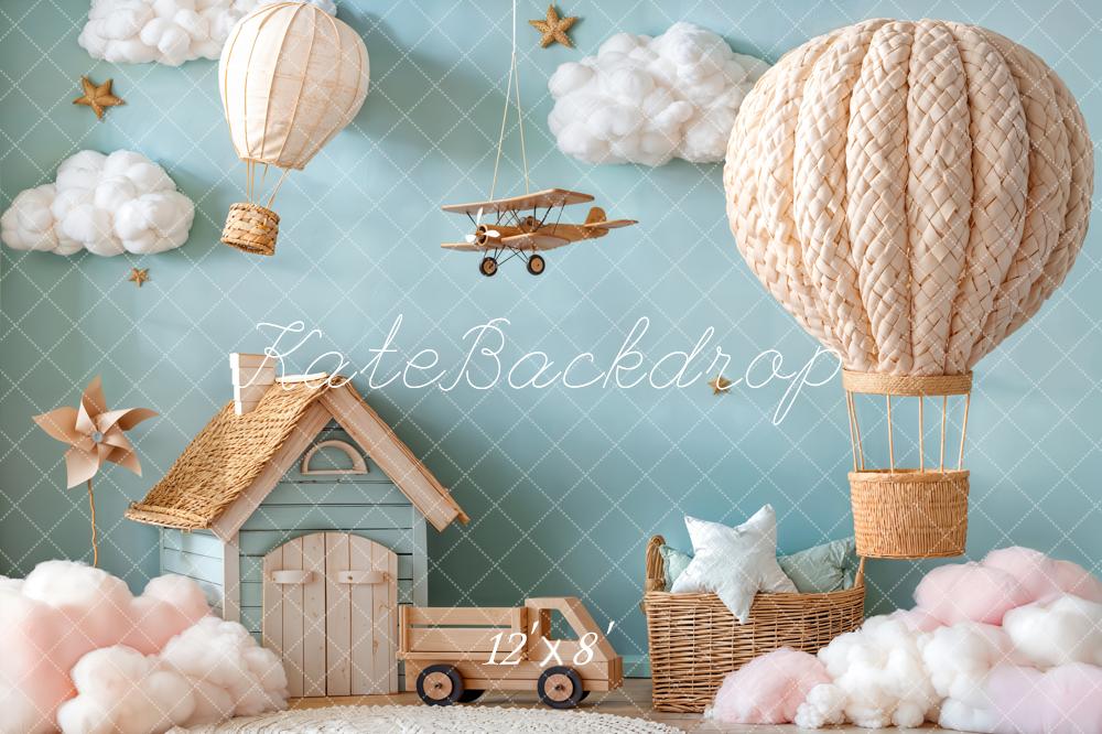 Kate Hot Air Balloon Aeroplane Cloud House Blue Backdrop Designed by Emetselch