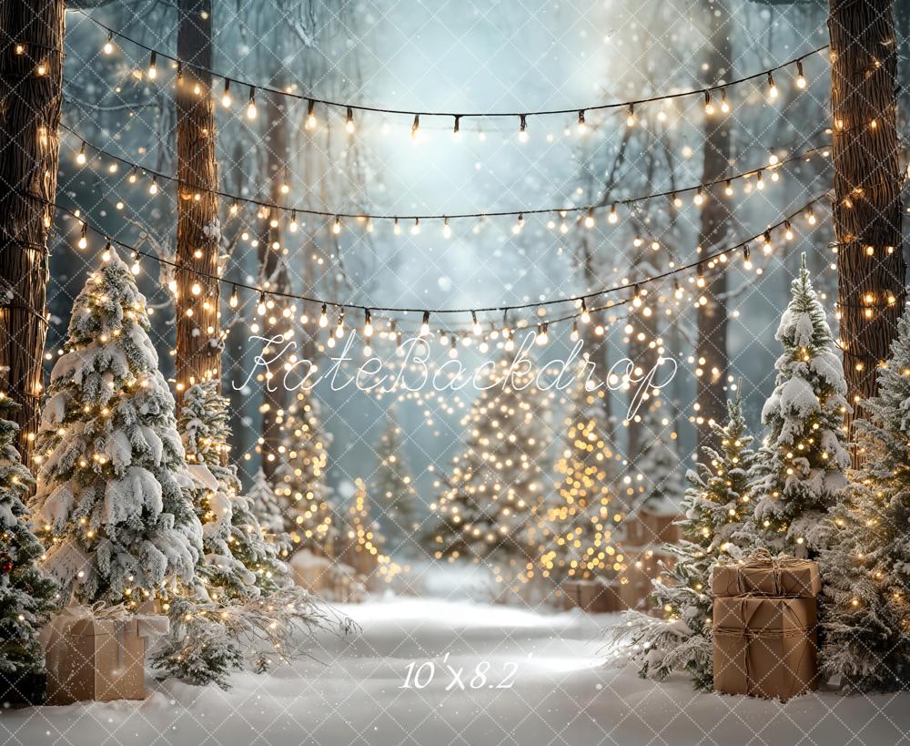 Kate Christmas Snowy Trees String Lights Forest Fleece Backdrop Designed by Emetselch