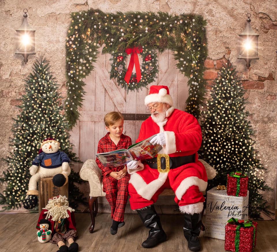 Kate Christmas Backdrop Brick Wall Door & Xmas Trees Designed By JS Photography