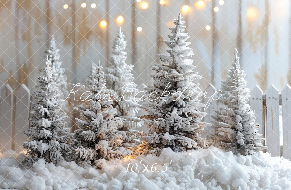 Kate Winter Snow Pine Trees Lights Backdrop Designed by Emetselch
