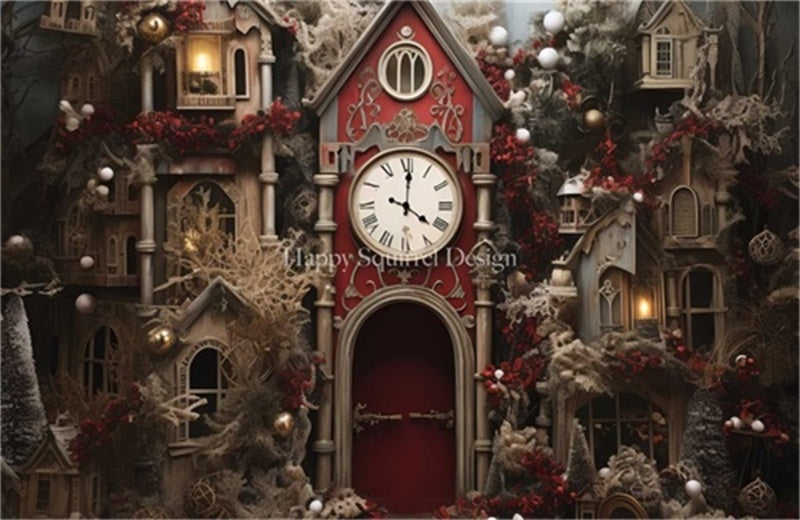 Kate Christmas Clock House Red Vintage Backdrop Designed by Happy Squirrel Design