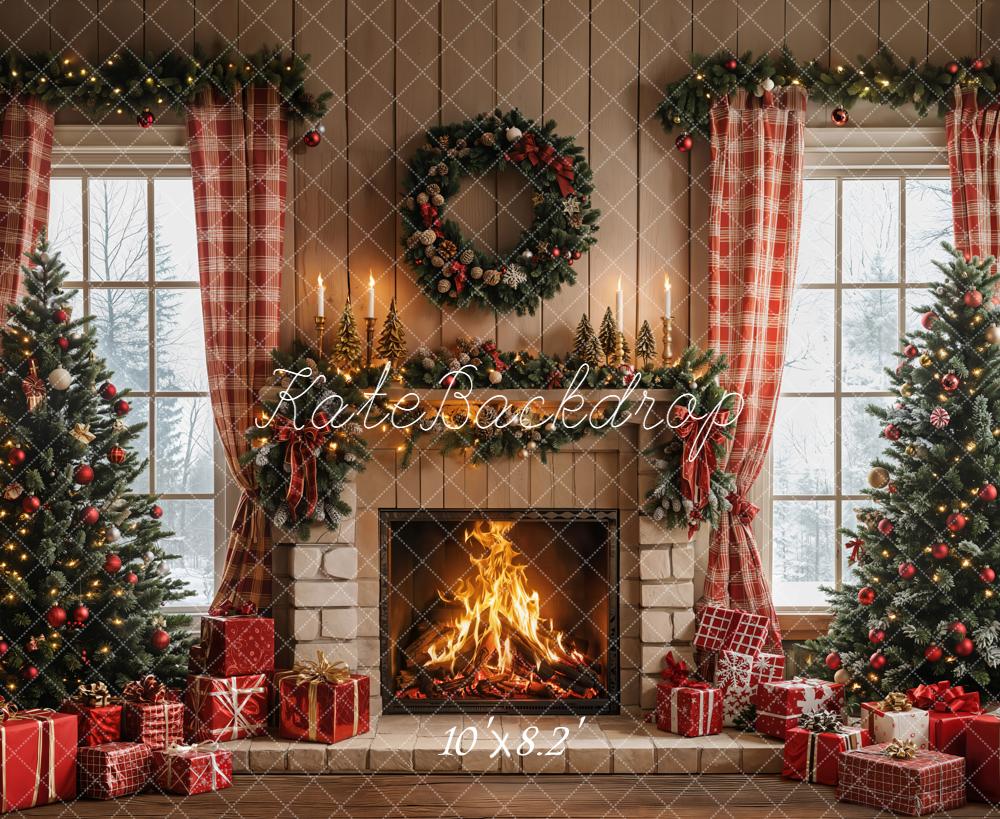 Kate Christmas Fireplace Trees Wreath Backdrop Designed by Emetselch - Kate Backdrop AU