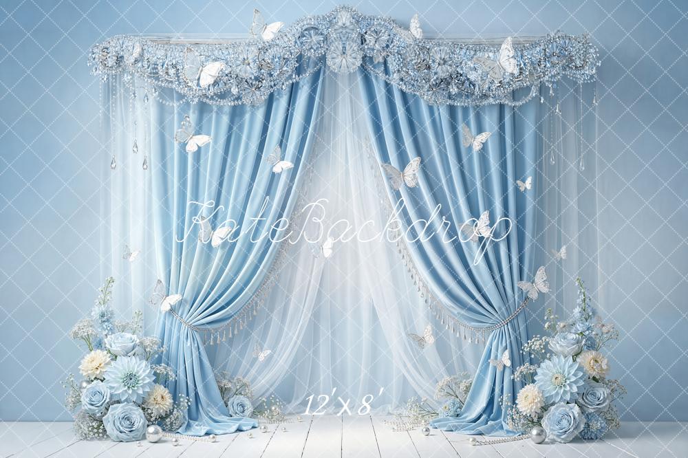 Kate Blue Curtain Floral Butterfly Elegant Backdrop Designed by Emetselch