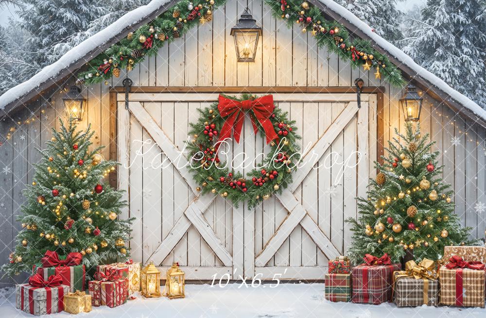 Kate Christmas Barn Door Wreath Trees Gifts Backdrop Designed by Emetselch - Kate Backdrop AU