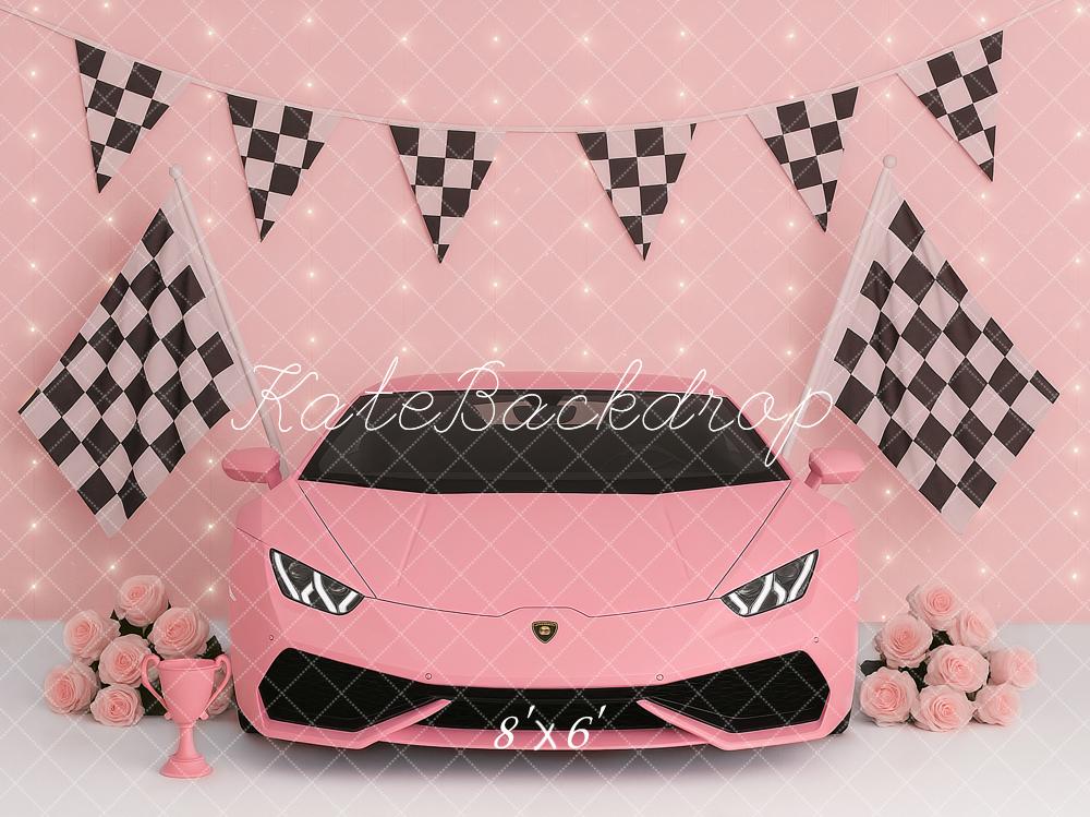 Kate Pink Race Car Checkered Flags Roses Backdrop Designed by Ashley Paul