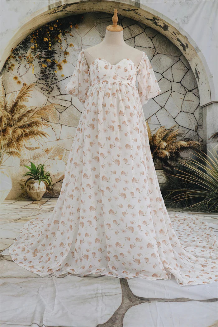 Kate Chiffon Flower Printed White Maternity Photoshoot Dress - Kate Backdrop AU