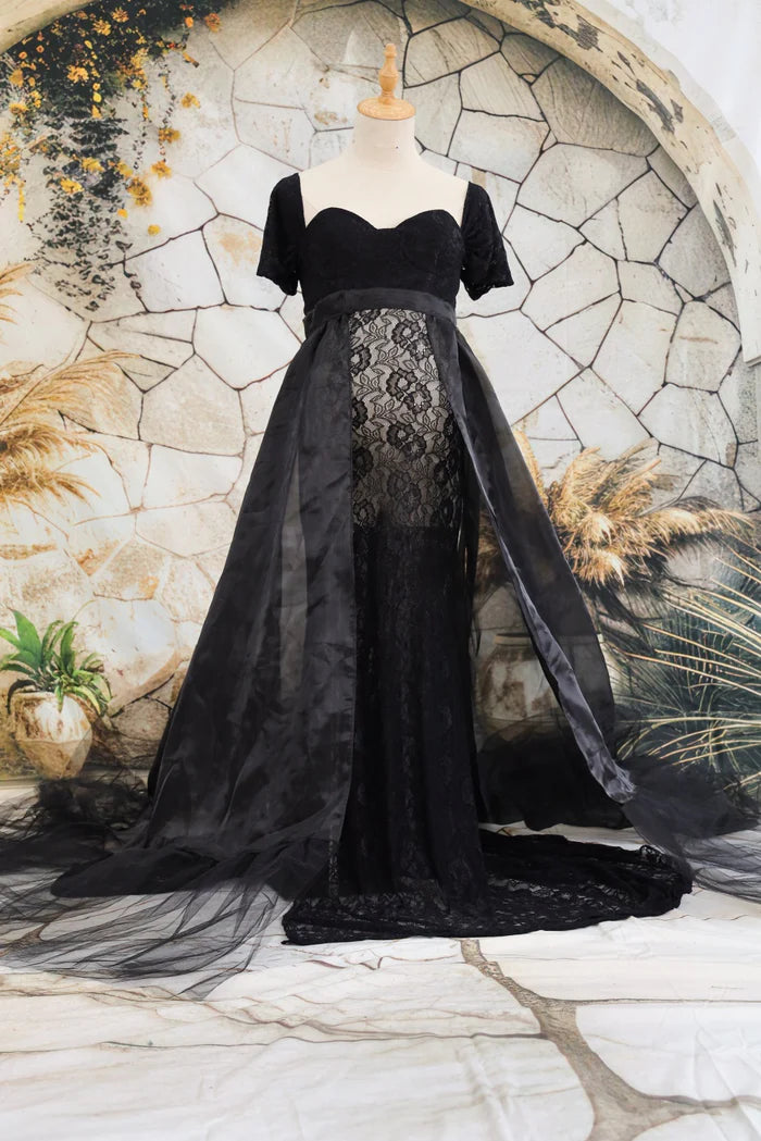 Kate Lace Short Sleeved Strapless Black Maternity Photoshoot Dress - Kate Backdrop AU