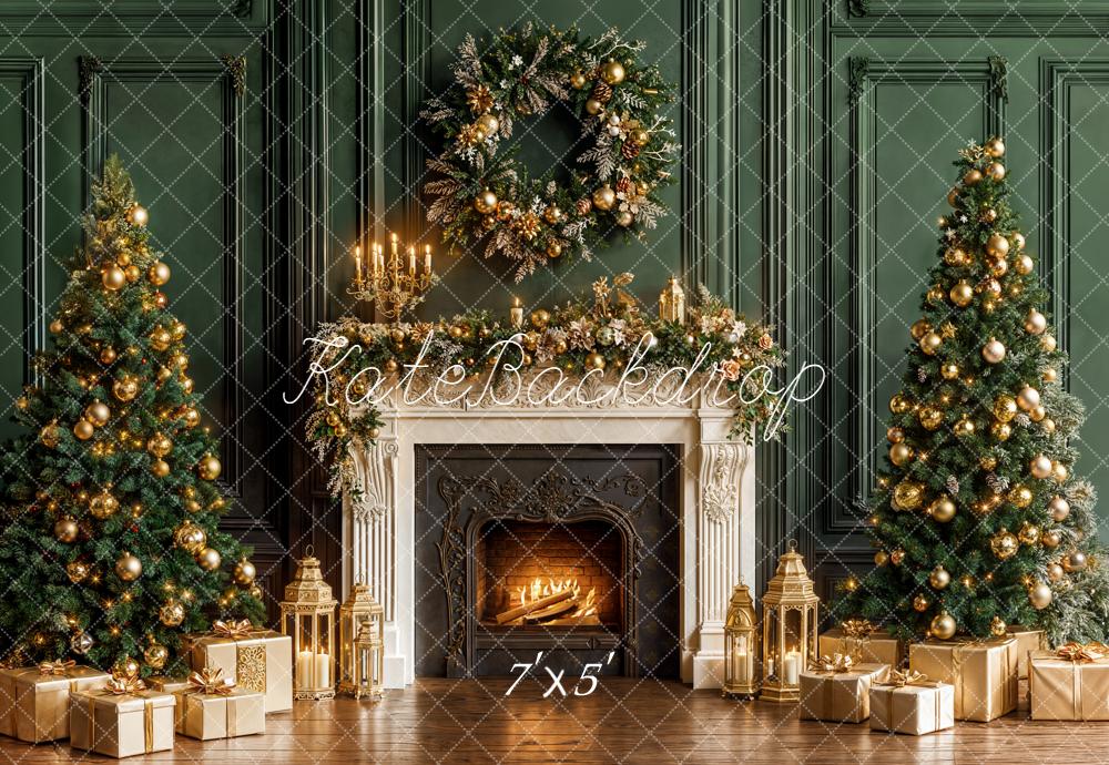 Kate Christmas Trees Fireplace Green Wall Backdrop Designed by Emetselch - Kate Backdrop AU