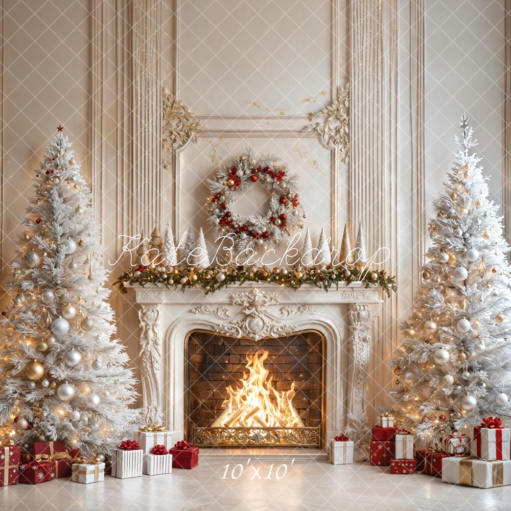 Kate Christmas White Trees Fireplace Backdrop Designed by Emetselch