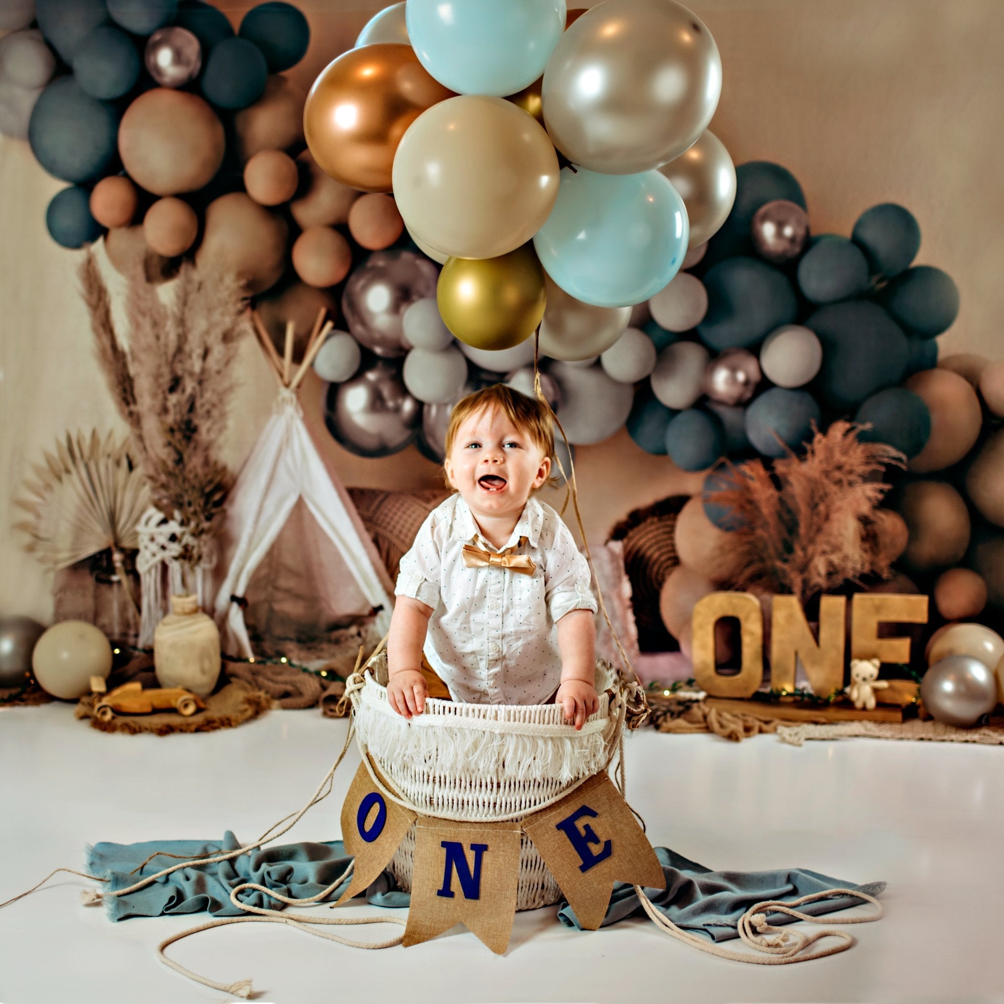 Kate Boho Balloons Tent Fleece Backdrop Matte Blue Designed by Mandy Ringe Photography - Kate Backdrop AU