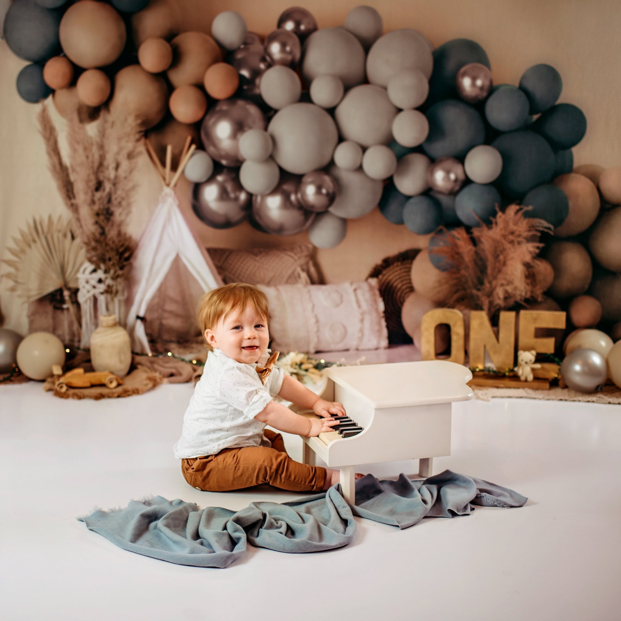 Kate Boho Balloons Tent Fleece Backdrop Matte Blue Designed by Mandy Ringe Photography - Kate Backdrop AU