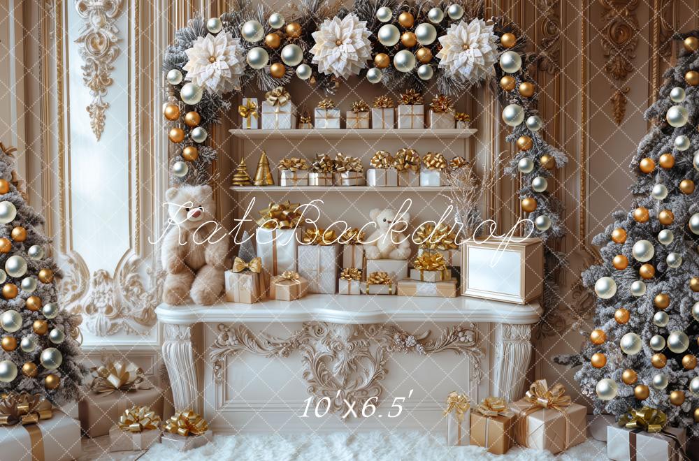 Kate Christmas Gold White Presents Shelf Garland Backdrop Designed by Mini MakeBelieve - Kate Backdrop AU