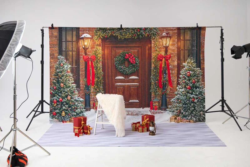 Kate Winter Christmas Tree Red Front Wooden Door Wreath Photo Kit - Kate Backdrop AU