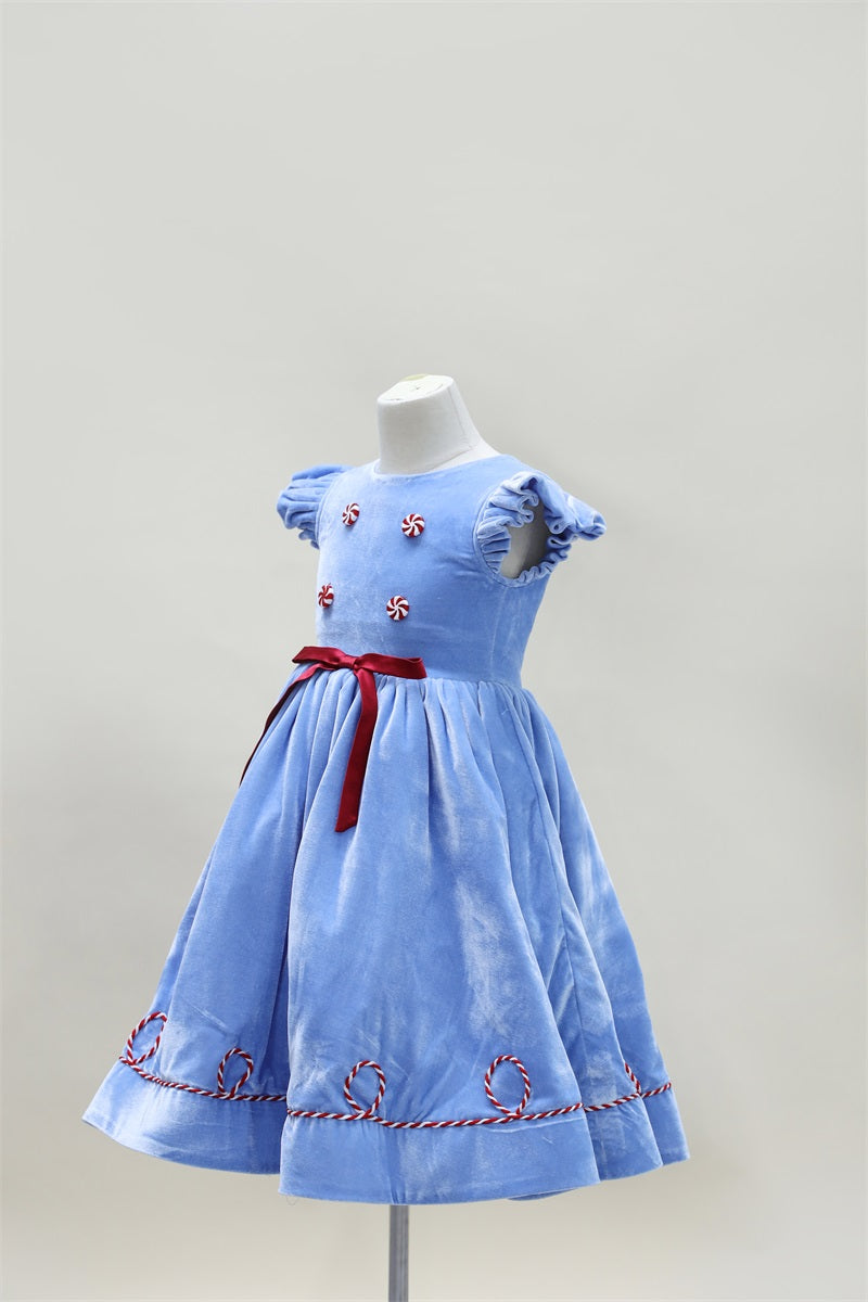 Kate Christmas Blue Fly Sleeve Kids Dress for Photography - Kate Backdrop AU