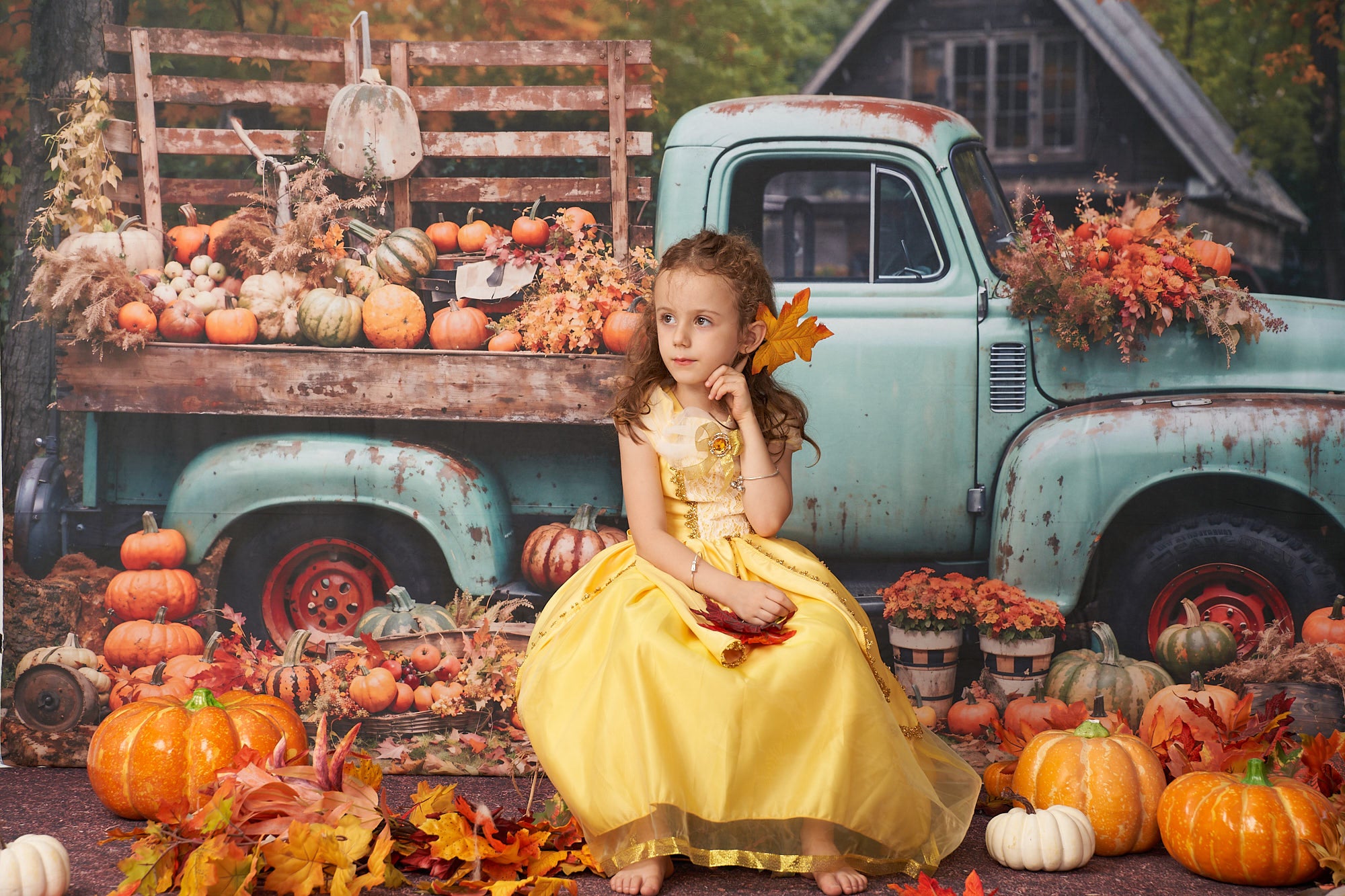 Kate Autumn Truck Backdrop Golden Leaves Old House Designed by Chain Photography - Kate Backdrop AU