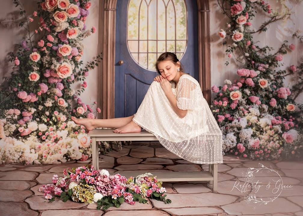 Kate Spring Flowers Door Backdrop+Slate Stone Floor Backdrop