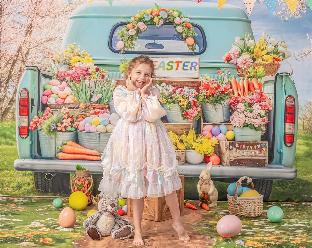 Kate Easter Truck Green Plant Backdrop+Spring Flowers Field Path Floor Backdrop - Kate Backdrop AU