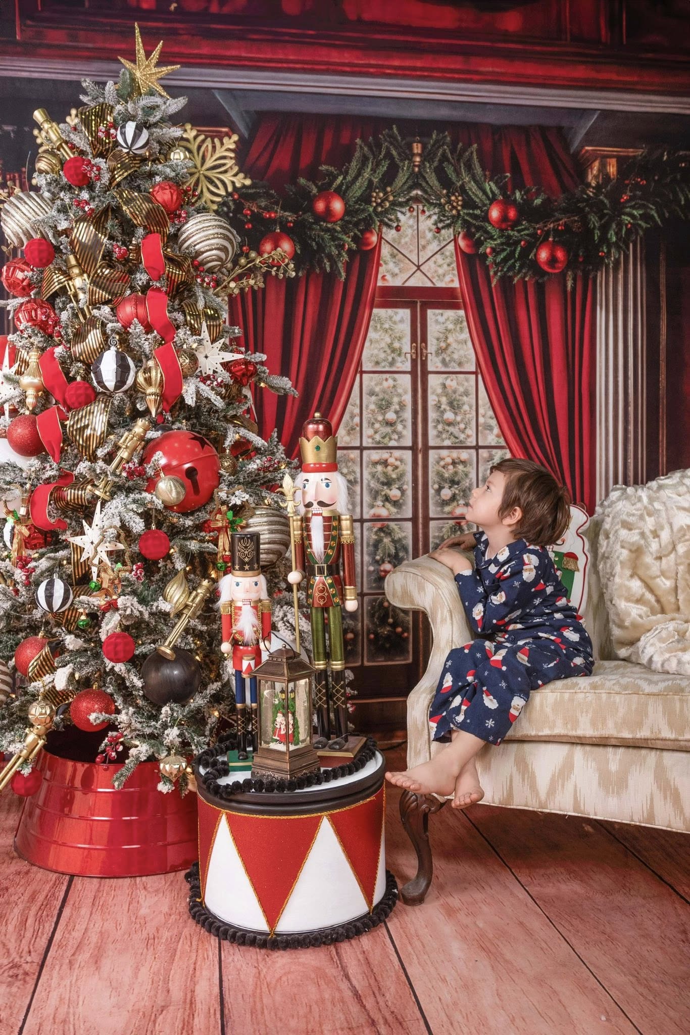 Kate Christmas Window Tree Red Curtains Backdrop Designed by Chain