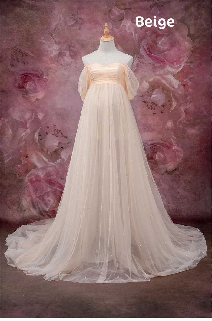 Kate One Shoulder Mesh In Beige Maternity Photoshoot Dress - Kate Backdrop AU