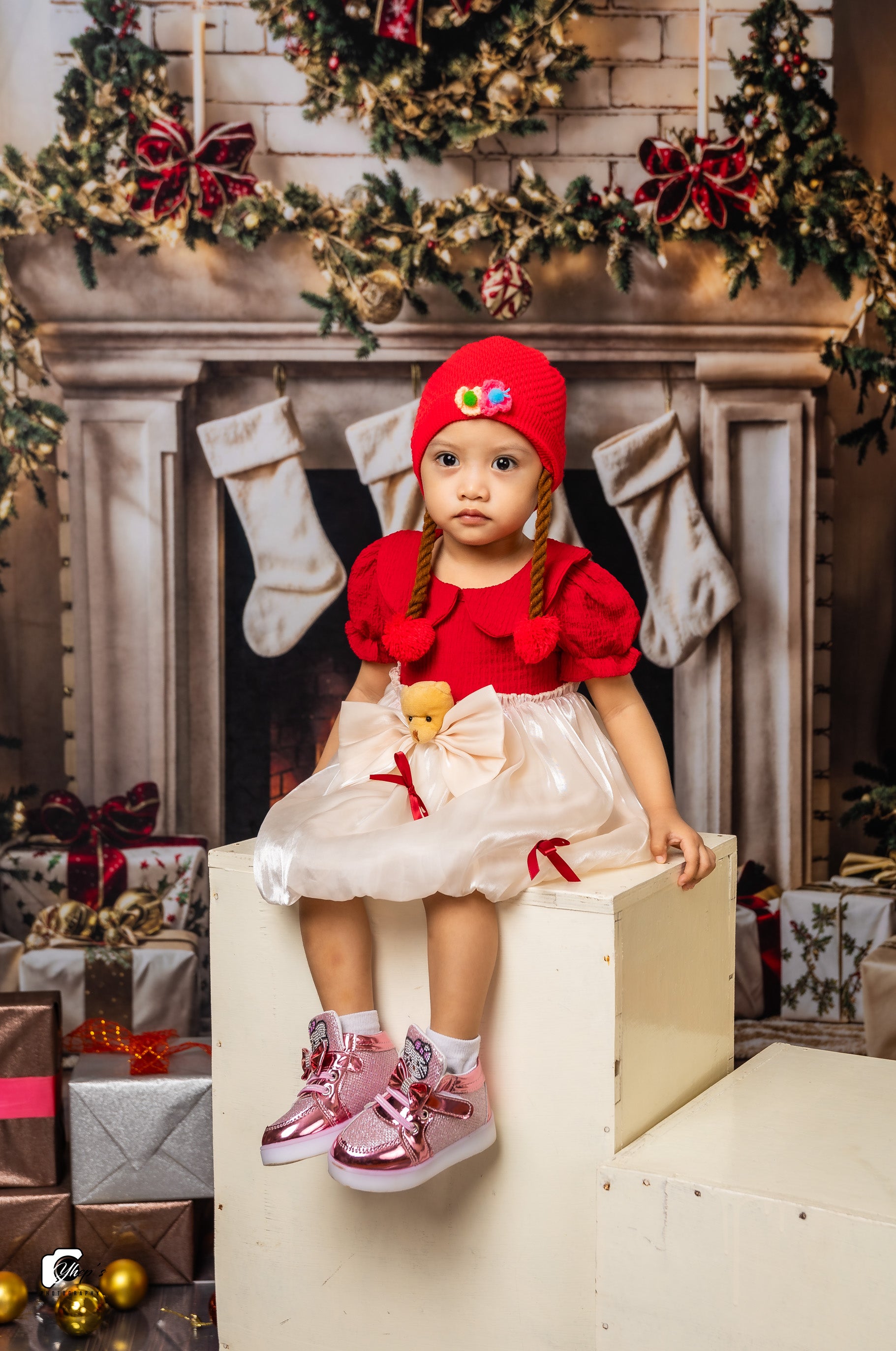 Kate White Brick Wall Christmas Tree Fireplace Backdrop Designed by Emetselch - Kate Backdrop AU