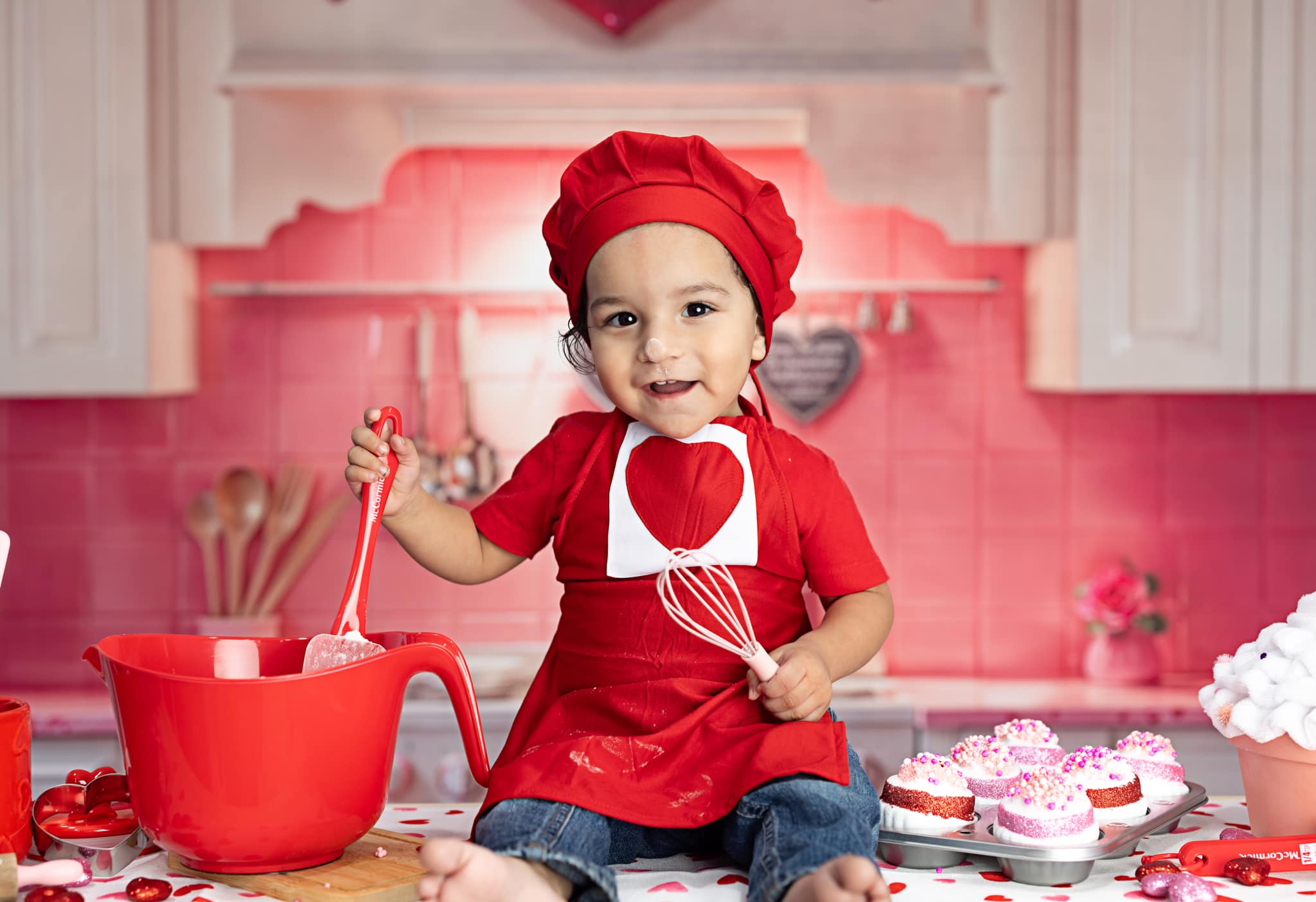 Kate Girls Birthday Kitchen Valentine's Day Backdrop+Pink Checkered Floor Backdrop - Kate Backdrop AU