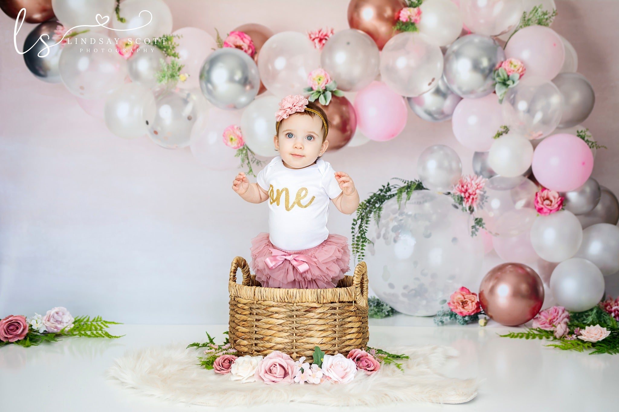 Kate Pink White and Rose Gold Floral Balloon Arch Backdrop Cake Smash Designed by Mandy Ringe Photography