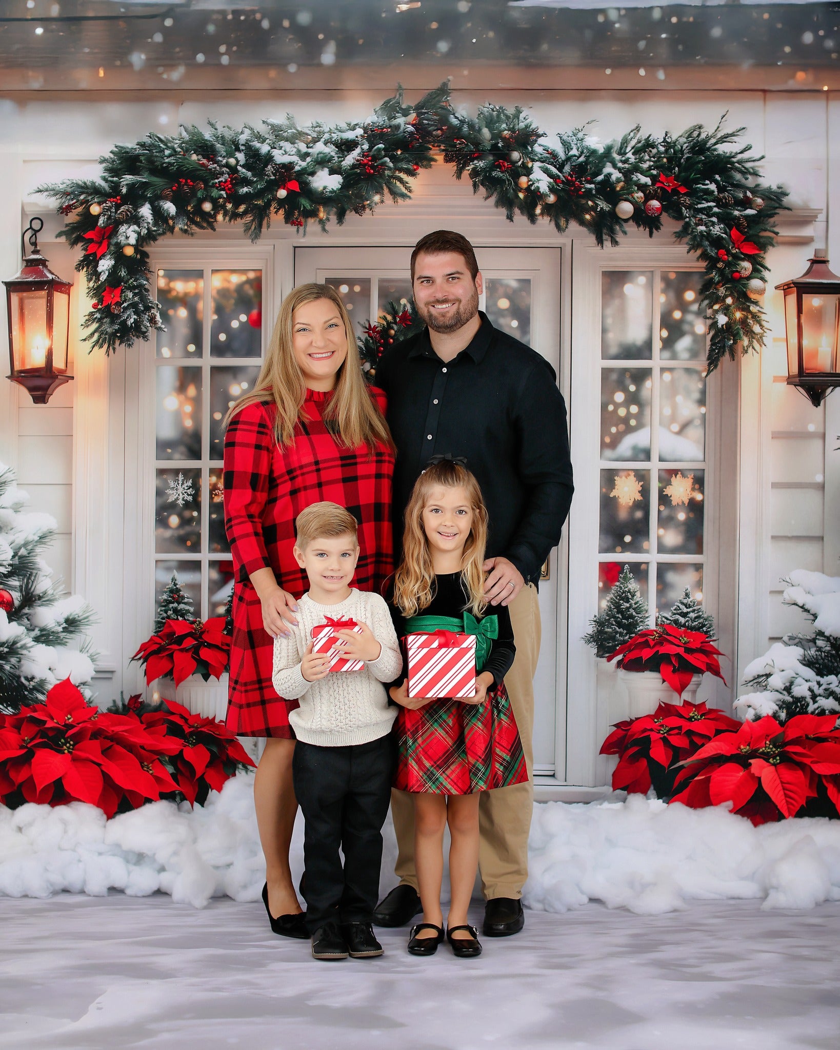 Kate Christmas Snowy Door Wreath Poinsettias Backdrop Designed by Emetselch