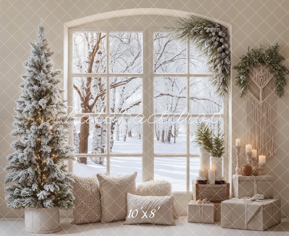 Kate Christmas Snowy Tree Window Gifts Fleece Backdrop Designed by Emetselch - Kate Backdrop AU